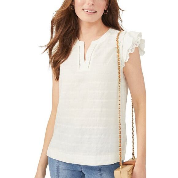 NWT J. McLaughlin Cailin Blouse Ecru Eyelet Lace Sleeves Linen Blend Medium - Picture 1 of 7